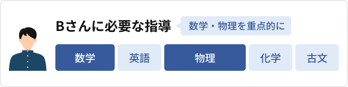 Bさんに必要な指導は数学・物理を重点的に（教科ラベル：数学／英語／物理／化学／古文のうち数学・物理を強調）