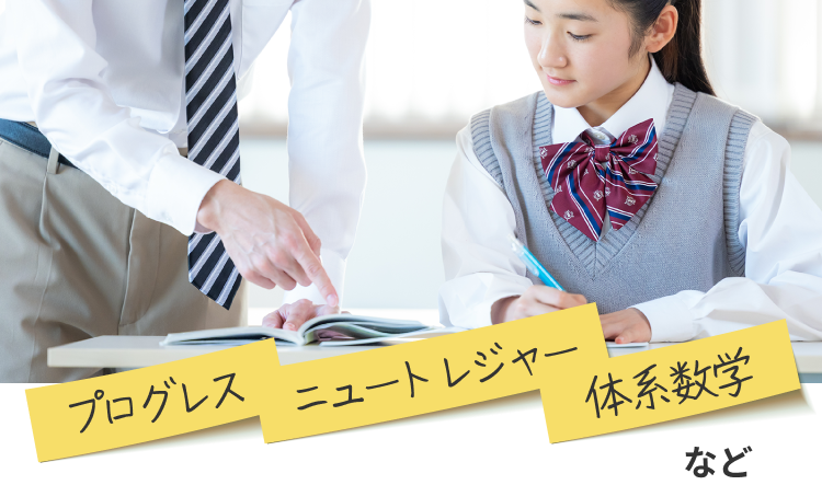 プログレス・ニュートレジャー・体系数学など、学校教材を一緒に確認する講師と生徒