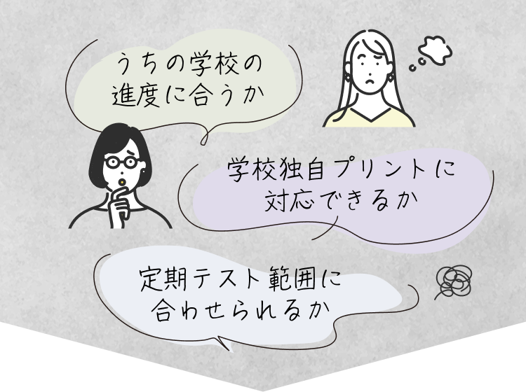 うちの学校の進度に合うか、学校独自プリントに対応できるか、定期テスト範囲に合わせられるか