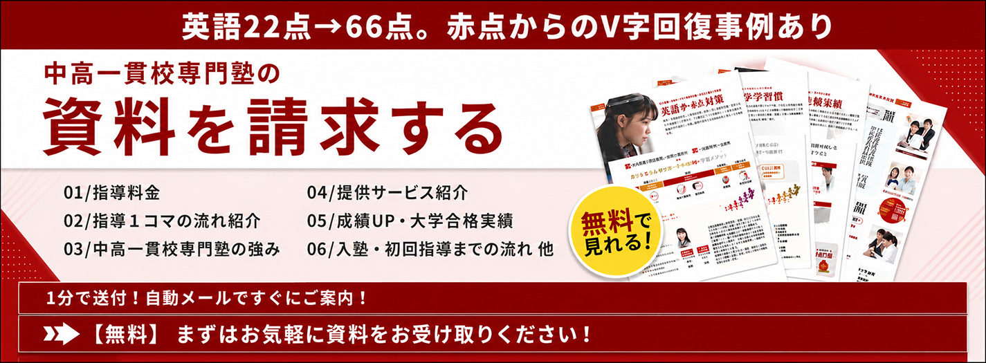 英語22点→66点。赤点からのV字回復事例あり 中高一貫校専門塾の資料を請求する