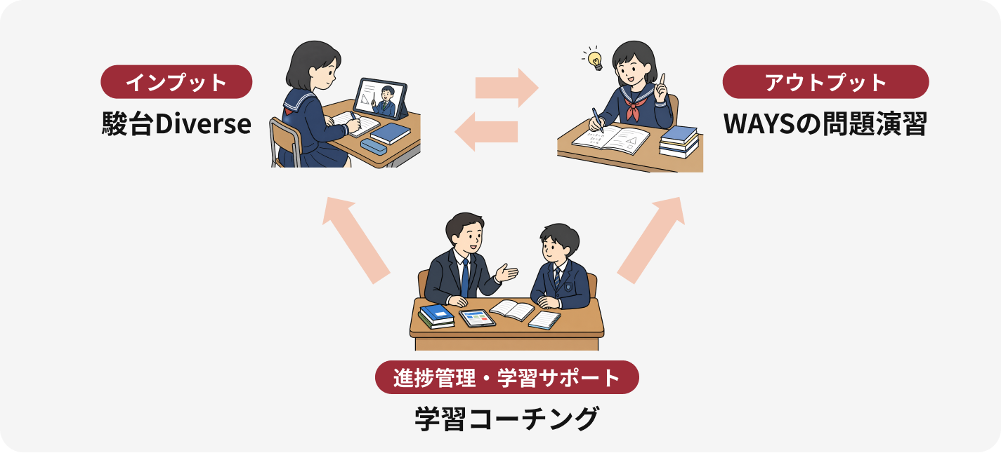 三位一体の総合対策：インプットの駿台DiverseとアウトプットのWAYSの問題演習を、進捗管理・学習サポートの学習コーチングが支える図