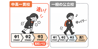 中高一貫校は中1から中3で高校レベルまで進む一方、一般の公立校は中1から高1までゆっくり進む比較図