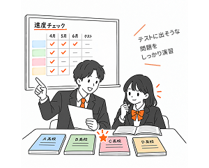 学校ごとの進度をチェックし、テストに出そうな問題を演習する様子