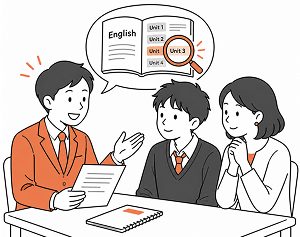 生徒と保護者に学習相談を行う講師
