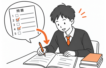 チェックをつけた問題を解き直す生徒