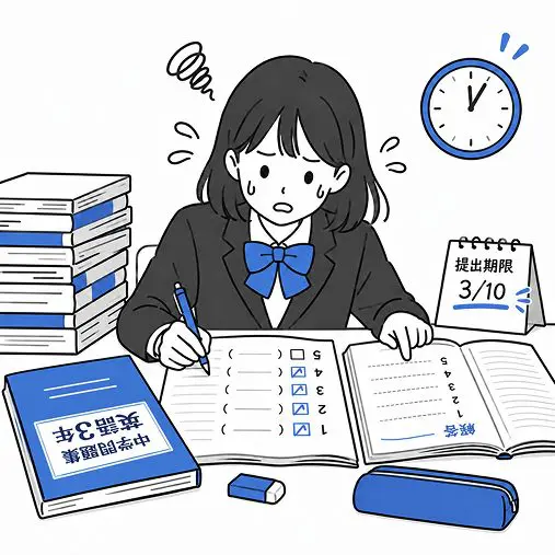 提出期限に追われ、新中学問題集の解答を埋めている生徒