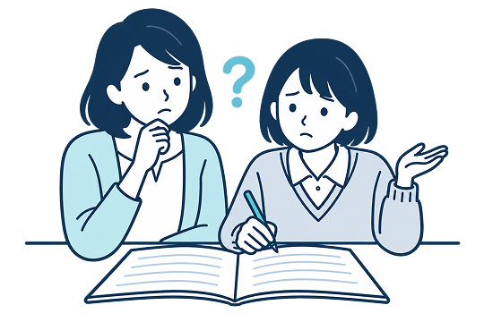 教科書を前に、一人では学習を進められず悩む親子