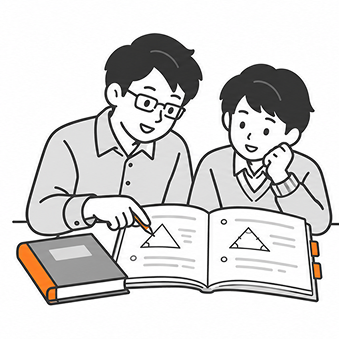 学校の教材を開いて指導する講師と生徒